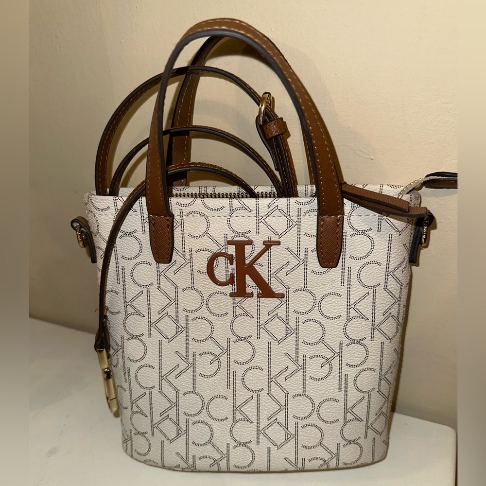 Calvin Klein White and Brown Logo Tote